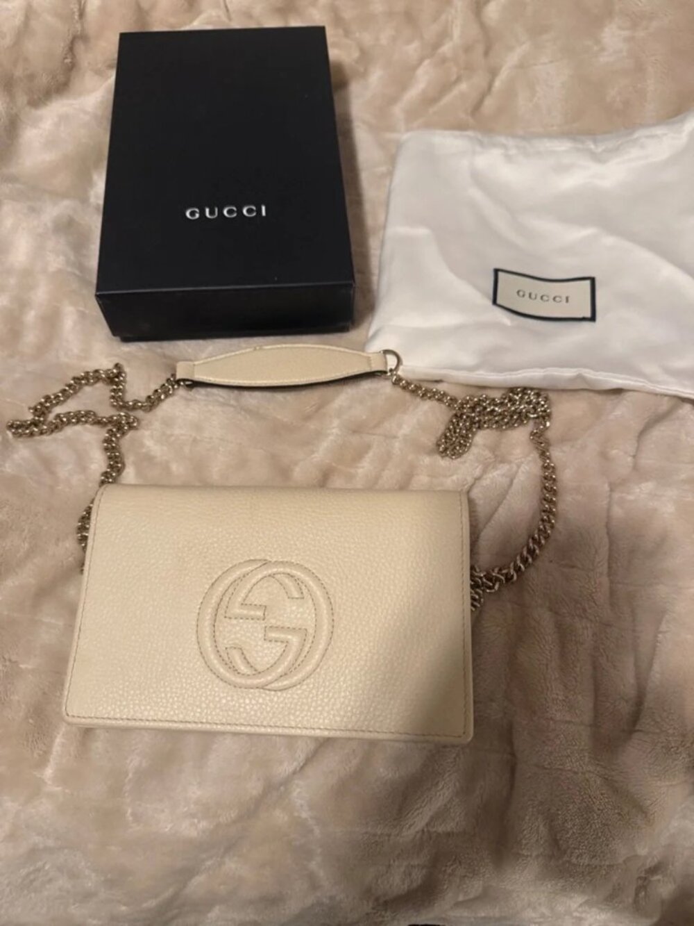 NWT Gucci Soho Wallet on Chain Pebbled Calfskin Leather Ivory - Picture 2 of 8